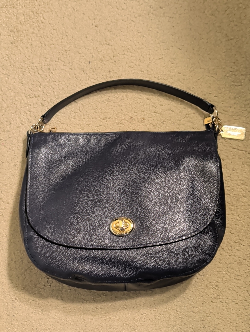 Navy Leather Turn-Lock Shoulder Bag